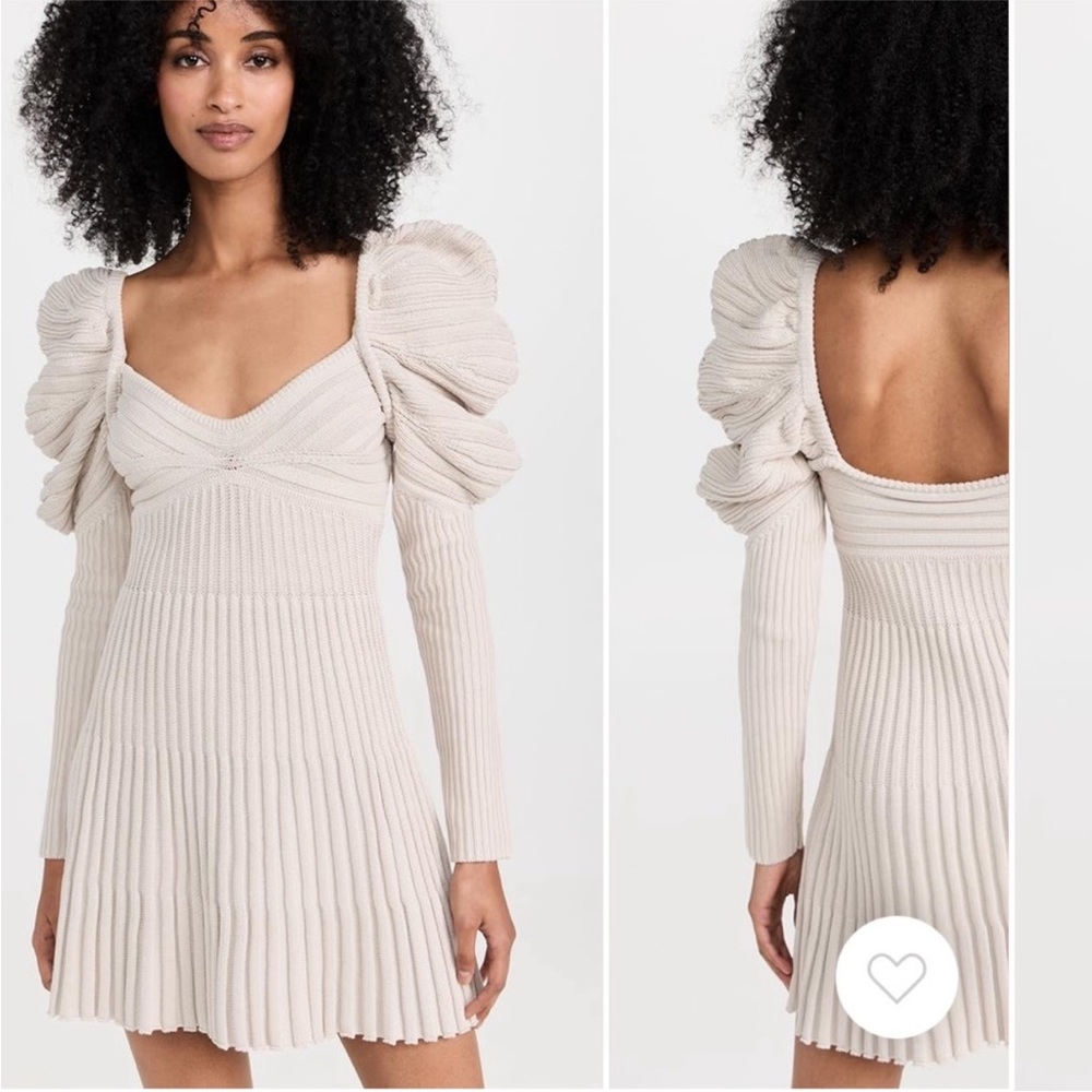 Knit Puff-Sleeve Mini Dress in Light Beige